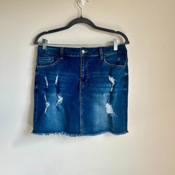 Distressed Dark Wash Denim Mini Skirt - Picture 1 of 4